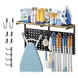 Ironing Board Hanger Wall Mount with Cleaning Supplies Organizer, Laundry Room Organization Storage Shelf with Iron Stand & Broom Mop Holder Hooks, Utility Rack for Home Garage Kitchen