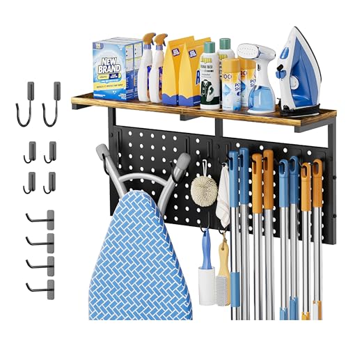Ironing Board Hanger Wall Mount, Large Storage Iron and Ironing Board Holder, Laundry Room Storage Shelves with Ironing Board Broom Mop Holder, Laundry Accessories Organization and Storage Organizer