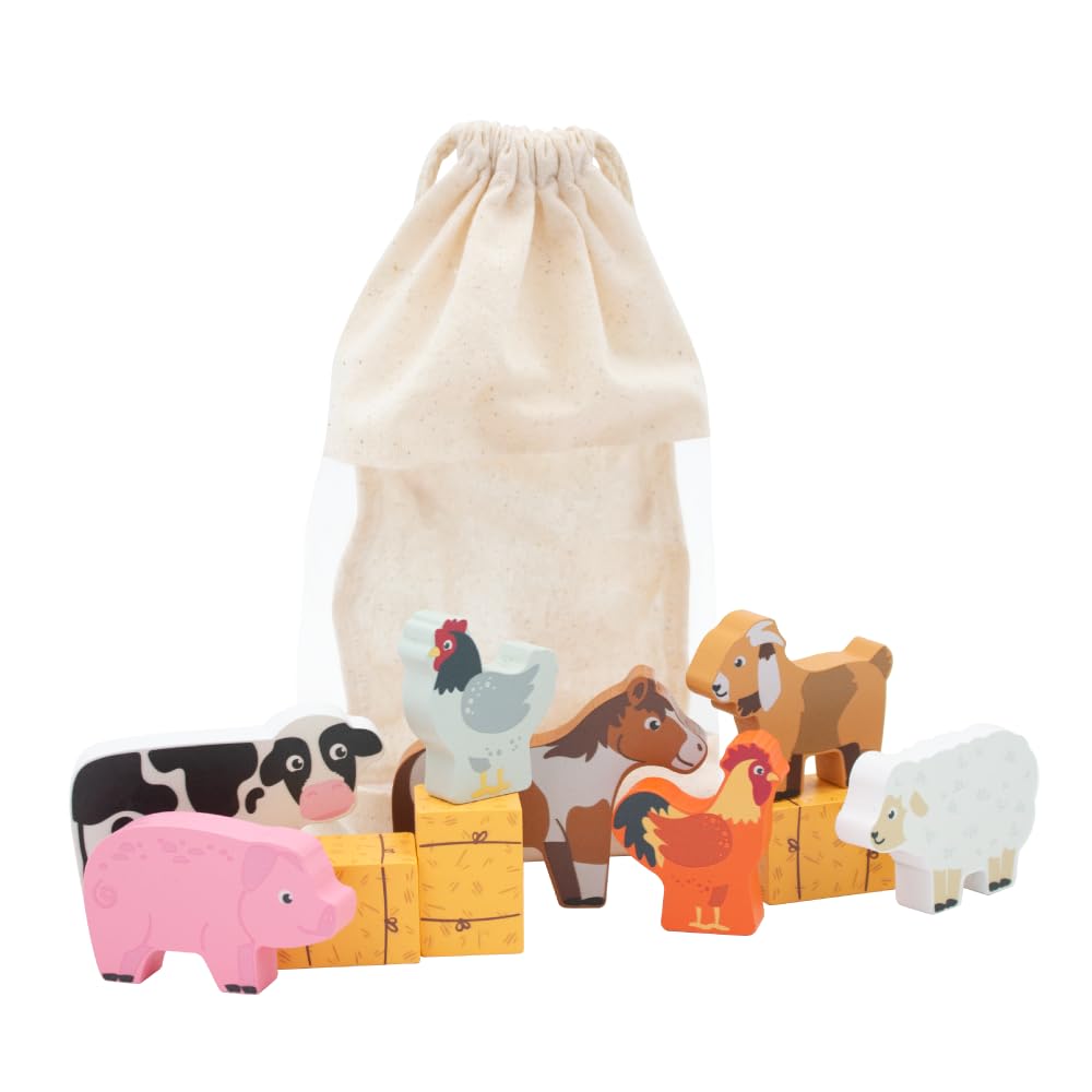 jumini Wooden Home Farm Barn Set  Includes Animals & Farmer | FSC Wood | Montessori-Friendly Toy | Compatible with Other Farm Sets | Suitable for Age 18months+ (Bag of Animals)