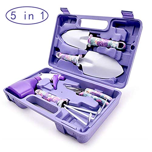 Garden Tool Set, Potable Durable Gardening Planting Tools Gift Kit with Non-Slip Rubber Grip, Including Anti-Rust Trowel, Cultivator, Pruning Shear, Water Sprayer and Caseï¼ˆ5 Pieceï¼‰