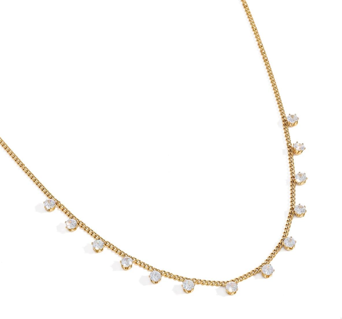 Curb Chain Necklace for Women, 18K Gold Plated with Dangling Cubic Zirconia Charms, Stainless Steel Waterproof Anti Tarnish Hypoallergenic Elegant Statement Jewelry, Gift for Her