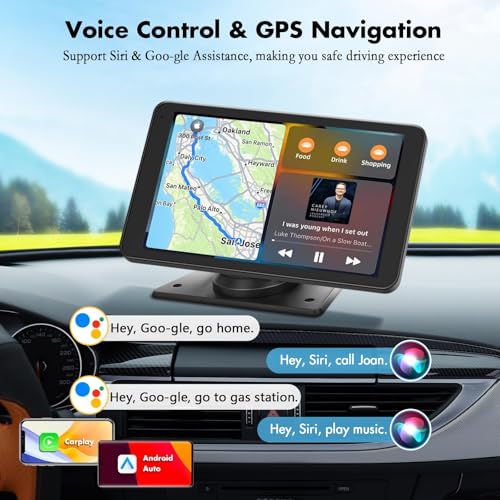 Image of Carplay Screen for Car, 7 inch HD Wireless Apple CarPlay & Android Auto, Portable Car Stereo Touchscreen with Bluetooth, Mirror Link, Voice Control, Backup Camera, GPS Navigation, AUX, Fits All Vehicles