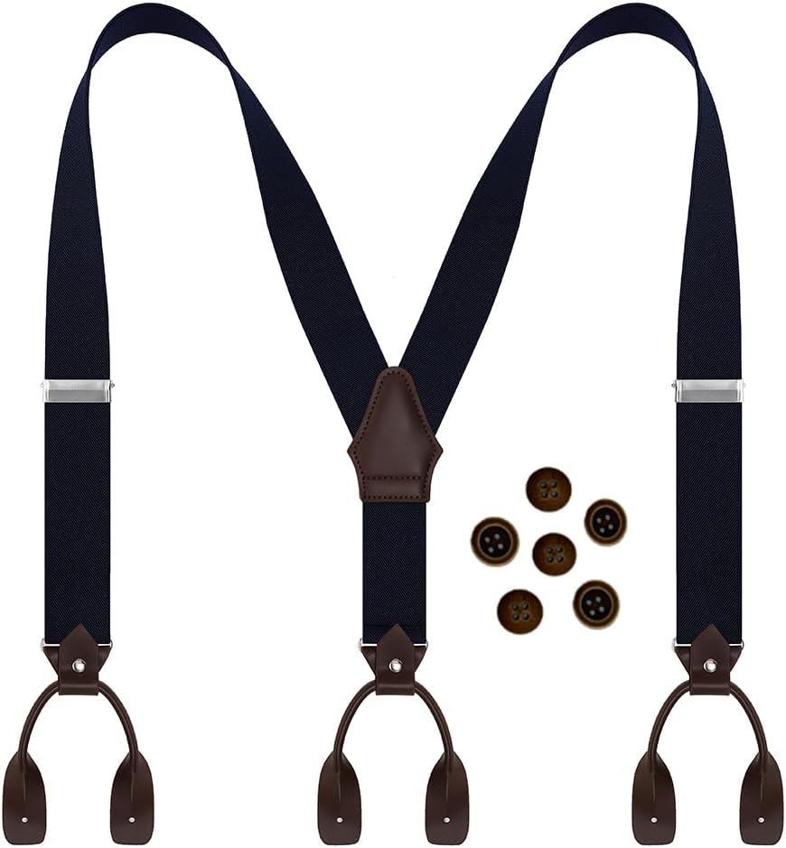 Men's Suspenders Genuine Leather 1.4 Inches Button Elastic Adjustable Business