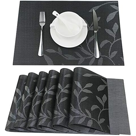 Fanuk Placemats Set of 6 Washable Heat Insulation Non-Slip Woven Vinyl Table Mats for Kitchen and Dining Room (Black Leaf) Cover