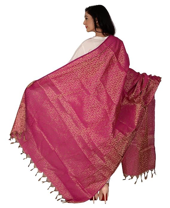 Women's & Girls Golden Zari Jacquard Banarsi Silk Dupatta (Tassels are Made by Hand)2