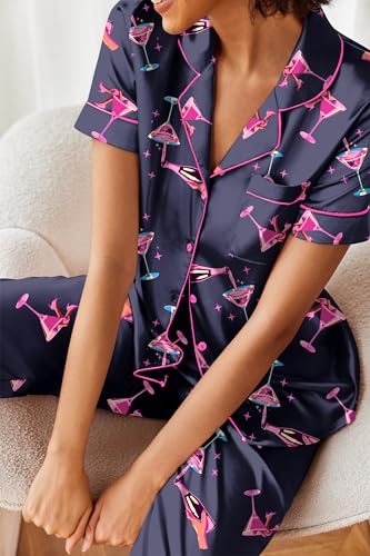 Image of Ekouaer 2 Piece Satin Short Sleeve Pajamas Set Button Down Sleepwear | Soft Pjs Set Classic Loungewear for Wedding, Party, Home, Daily Wear, Date Nights