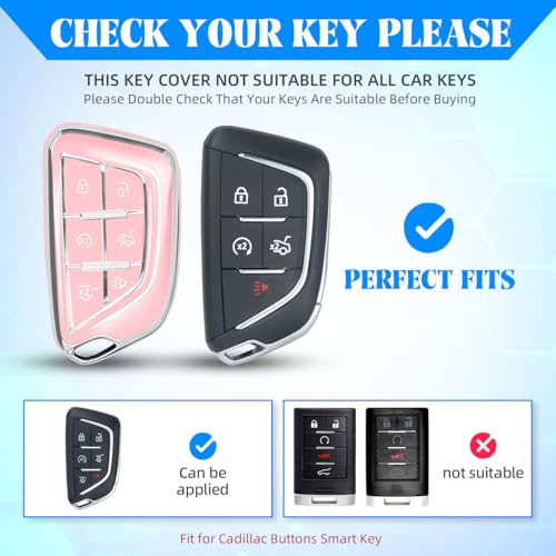 Image of QBUC for Cadillac Key Fob Cover with Leather Keychain (Chrome Trim Pink) | Soft TPU Protection Case Compatible with 2020-2026 Cadillac Escalade Lyriq Optiq 6-Buttons