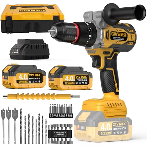 GoYwato 1239In·lbs Cordless Hammer Drill - 21V Brushless Electric Power Impact Drill Set w/ 2 x 4.0Ah Battery & 1/2' Self-Locking Metal Chuck & 42PCs Accessory for Drilling Wood Bricks Metal Concrete