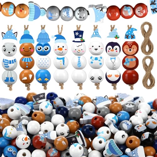 Geelin 300 Pcs Christmas Wood Beads with Twine - Santa Gingerbread Snowman Winter Animals Wooden Round Bead for Hanging Ornaments DIY Crafts Garland Holiday Tree Decor(Winter Animals) by Geelin - Used condition - US$9.73