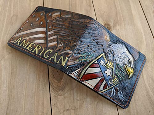 Men's 3D Genuine Leather Wallet, Hand-Carved, Hand-Painted, Leather Carving, Custom Wallet, Personalized Wallet, Patriotic American Wallet, Bald Eagle, Flag Of The United States #TOP5