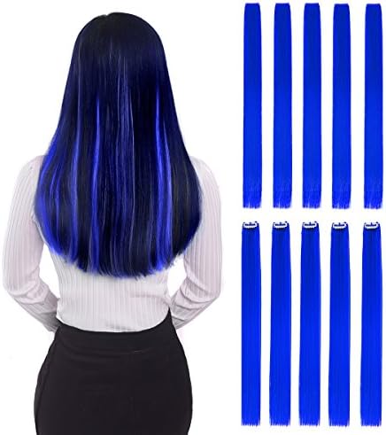 Colored Clip in Hair Extensions 22" 10pcs Straight Fashion Hairpieces for Party Highlights Blue