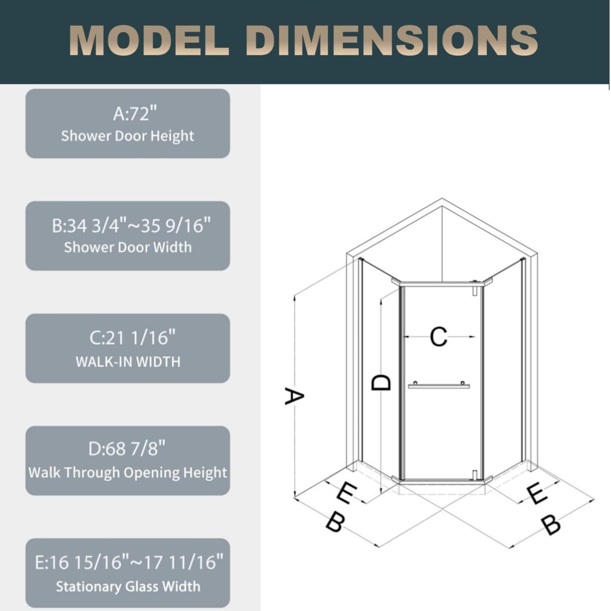 34 3/4~35 9/16" Wx72 in.H Neo-Angle Frameless Shower Door,Corner Shower Enclosure 304 Stainless Steel Handle,Pivot Shower Door 1/4in(6mm) Thick Tempered Clear Glass(Shower Base Not Included)