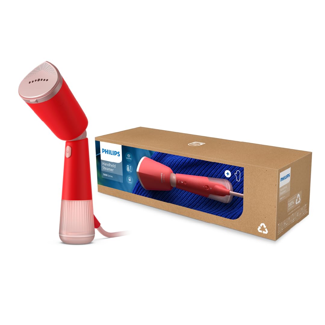 Philips Vaporizador de mano Serie 5000, Diseño elegante, cabezal ajustable, calentamiento rápido, ajustes Eco y Max, seguro para tejidos delicados, uso vertical y horizontal, naranja rojo (STH5020/40)