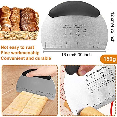 Dough Scraper Cutter, Stainless Steel Pastry Cutter Dough Scrapers Spatula Chopper with Nonslip Handle and Measuring Scale, Metal Bench Food Scraper Kitchen Tool for Baking Bread Pizza Cake (Black)