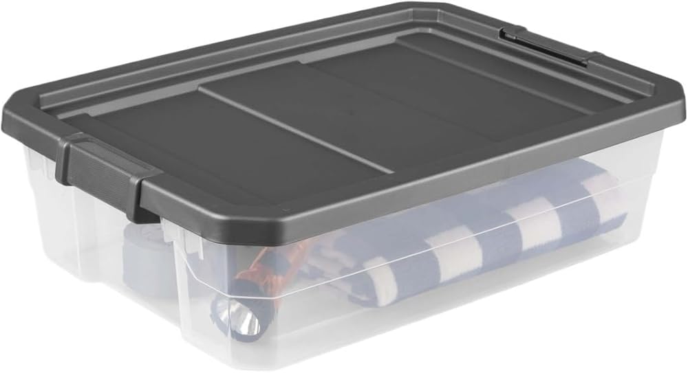 40 Quart Stackable Storage Bin, Clear Plastic Underbed Container With Dark Gray Latch Lid, Modular Stacker Box With Non-Slip Latches For Garage Basement Attic Household Organization