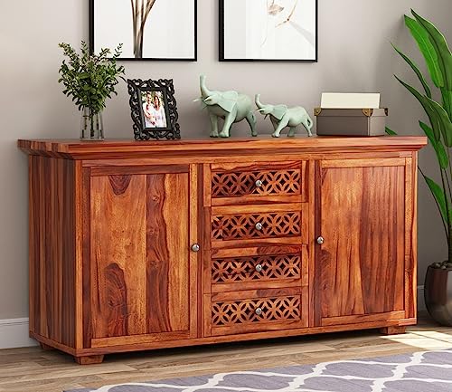 Image of Solid Sheesham Wood Wooden Sideboard Storage Cabinet & Chest of Drawer : Ideal for Living Room and Bedroom with 4 Drawers and 4-Shelf Storage (Cambrey, Honey Finish)