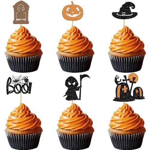LcingTify 24 PCS Halloween Cupcake Toppers Pumpkin Witch Hat Tombstone Boo Spider Web Bat Gravestone Cake Toppers Halloween Party Decorations for Horrible Boo Theme Birthday Party Decorations Supplies by LcingTify - Used condition - US$2.96