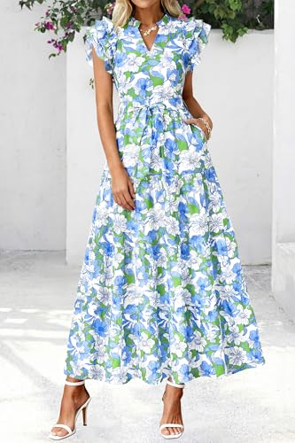 dowerme Women Summer Maxi Dresses 2026 Ruffle Sleeve V Neck Floral Boho Long Dress Belted Tiered Sundress with Pockets(Floral White Multicolored,Large) — view 4