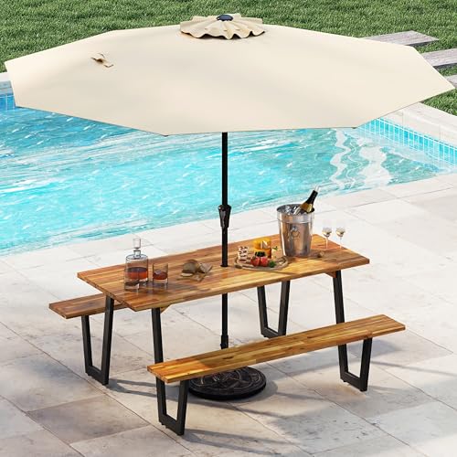 S AFSTAR 70" Acacia Wood Outdoor Picnic Table Set with 10Ft Umbrella & Base