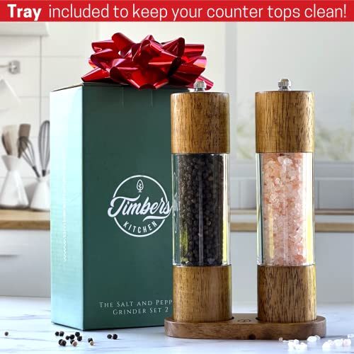 Premium Wooden Salt And Pepper Grinder Set With Tray - Pepper Grinder Mill Set With Wood Tray -Carbon Steel And Ceramic Core Shaker-Salt Grinder Set- Timbers Kitchen (Rubberwood) #TOP3