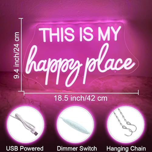 Image of This is My Happy Place Neon Sign Pink LED Letter Neon Light Teen Girls Room Decor, Happy Place Light Up Sign for Bedroom Home College Dorm Game Room Decor, USB Powered with Dimmable Switch