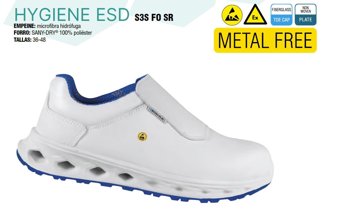 COFRA Hygiene ESD Calzado de Seguridad Laboral, Blanco, Metal Free, Antiestático, Industria Microelectrónica, Puntera de Fibra de Vidrio