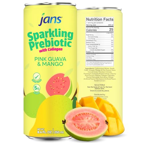 Image of Jans Sparkling Prebiotic with Collagen Soda Beverage - Pink Guava & Mango 8.4 Fl Oz (24-Pack) - Low Calorie, NO Added Sugar, Non-GMO Sparkling Fruit Beverage, Gut Health Support