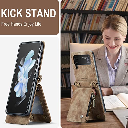 Wefor Samsung Galaxy Z Flip 4 (2022) Wallet Case With Strap Pu Leather Phone Case With Rfid Blocking Card Holder Wristlet Crossbody Metal Grip Holder Finger Stand Ring Cover (Brown) #TOP6