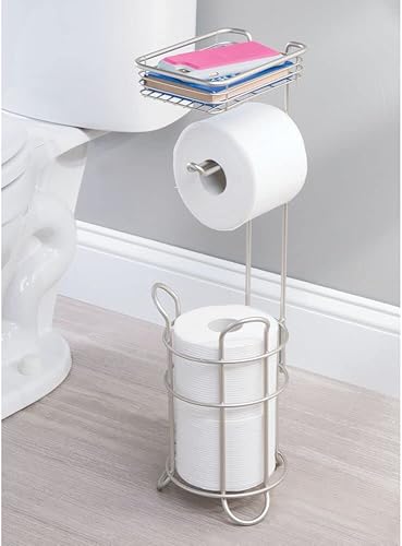 Miniatura 2 de mDesign Soporte y dispensador de papel higiénico de pie sin metal de acero con estante de almacenamiento pañuelo de inodoro para baños baño