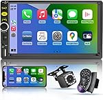 7 Double Din Touch Screen Car Radio with Apple CarPlay,7 Inch Bluetooth Car Stereo with Backup Camera, FM Car Radio,Steering Wheel Controls,Mirror Link Car Navigation,USB/TF/Subwoorf/240 watts