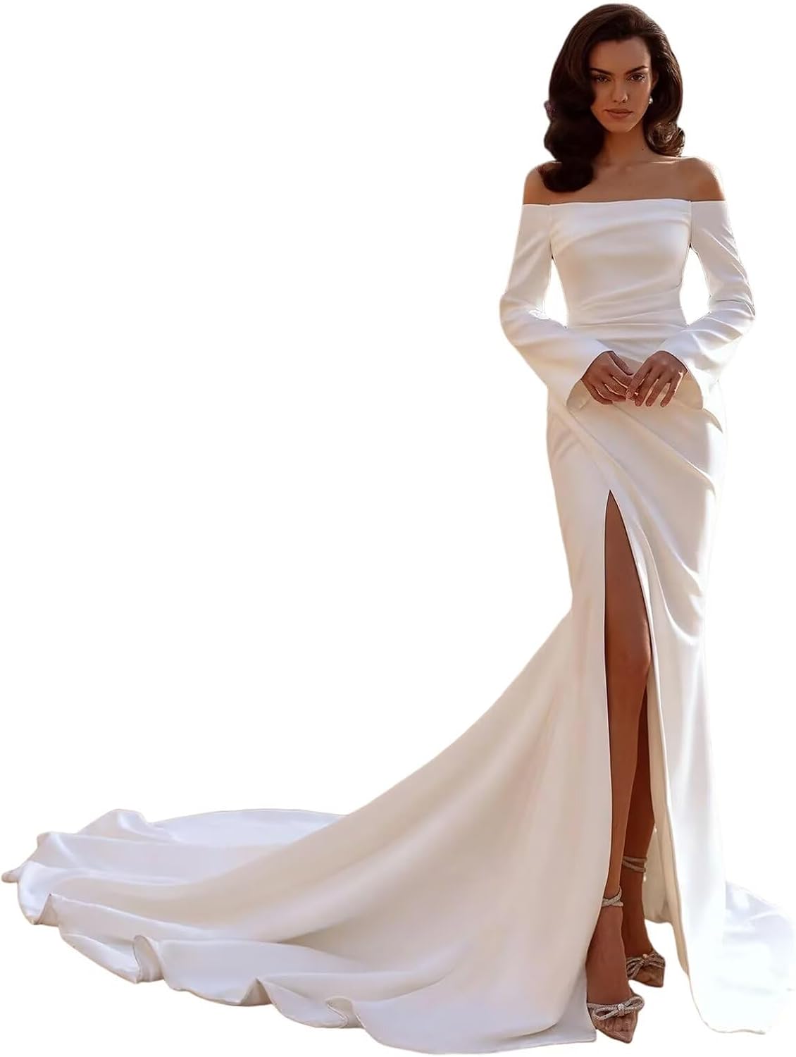 Satin Wedding Dresses for Bride Mermaid Long Sleeve Simple Boho Beach Bridal Gowns with Slit