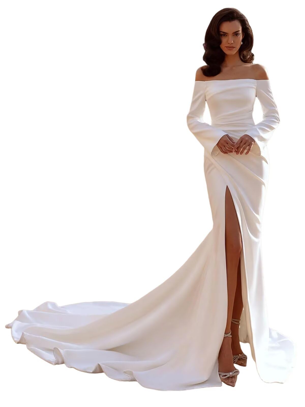 Satin Wedding Dresses for Bride Mermaid Long Sleeve Simple Boho Beach Bridal Gowns with Slit
