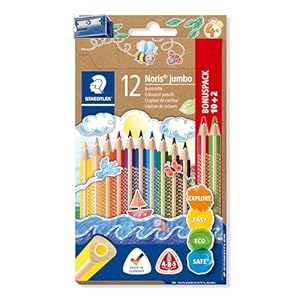 STAEDTLER Buntstift Noris jumbo, erhöhte Bruchfestigkeit, Dreikantform, ABS-System, attraktive Sternchenprägung, Bonuspack mit 12 brillanten Farben und einem Spitzer, 128 NC12P1