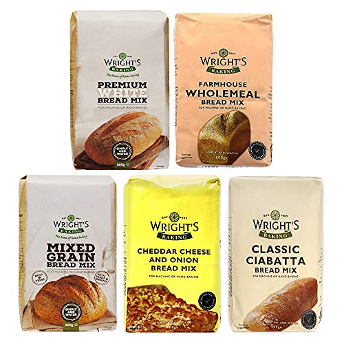 Wright's Baking Urvalsförpackning för brödmix – premiumvit, lantlig fullkornsmjöl, blandade korn, cheddarost och lök, klassisk ciabatta (en av varje 500 g paket)