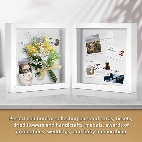 Muzilife 8x8 Shadow Box Picture Frame for Wall and Tabletop Display - Deep Wood & Glass Display Rustic Case Ready to Hang Memorabilia, Pins, Awards, Medals, Wedding, Tickets, and Photos, White