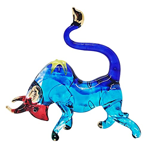 WitnyStore Tiny 2\" Long Blue with Red Face Charging Bull Figurine - Miniature Hand Blown Glass Bulls Small Crystal Ox Oxen Bovine Cattle Animals Decorative Collectible Figurines Home Décor Gifts
