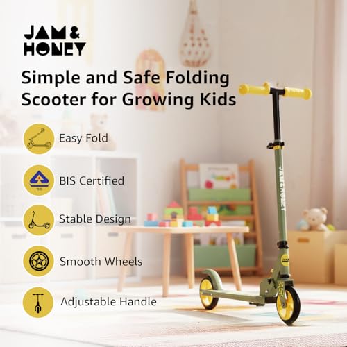 Image of Amazon Brand - Jam & Honey Kids Kick Folding Scooter for Kids (2+ Years) | 3- Step Height Adjustable Handle, Smooth Bearing Wheels & PVC Tyres | BIS Certified | Yellow