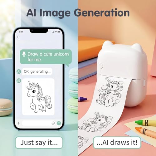 Image of Bxiadbzl AI Voice Powered Sticker Maker for Kids, Wireless 2.4G WiFi Inkless Pocket Thermal Note Label Printer,Mini Portable Printing Machine for DIY Coloring (White)