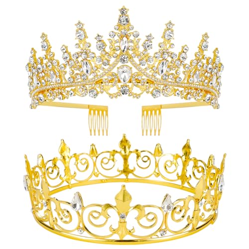 VELSCRUN 2 Pcs Crown for Men Women, Crowns for Men Metal, Gold King Queen Crown Tiaras for Women, Prince Crown Princess Tiaras for Girls, Birthday Prom Wedding Halloween Party Hair Accessories B