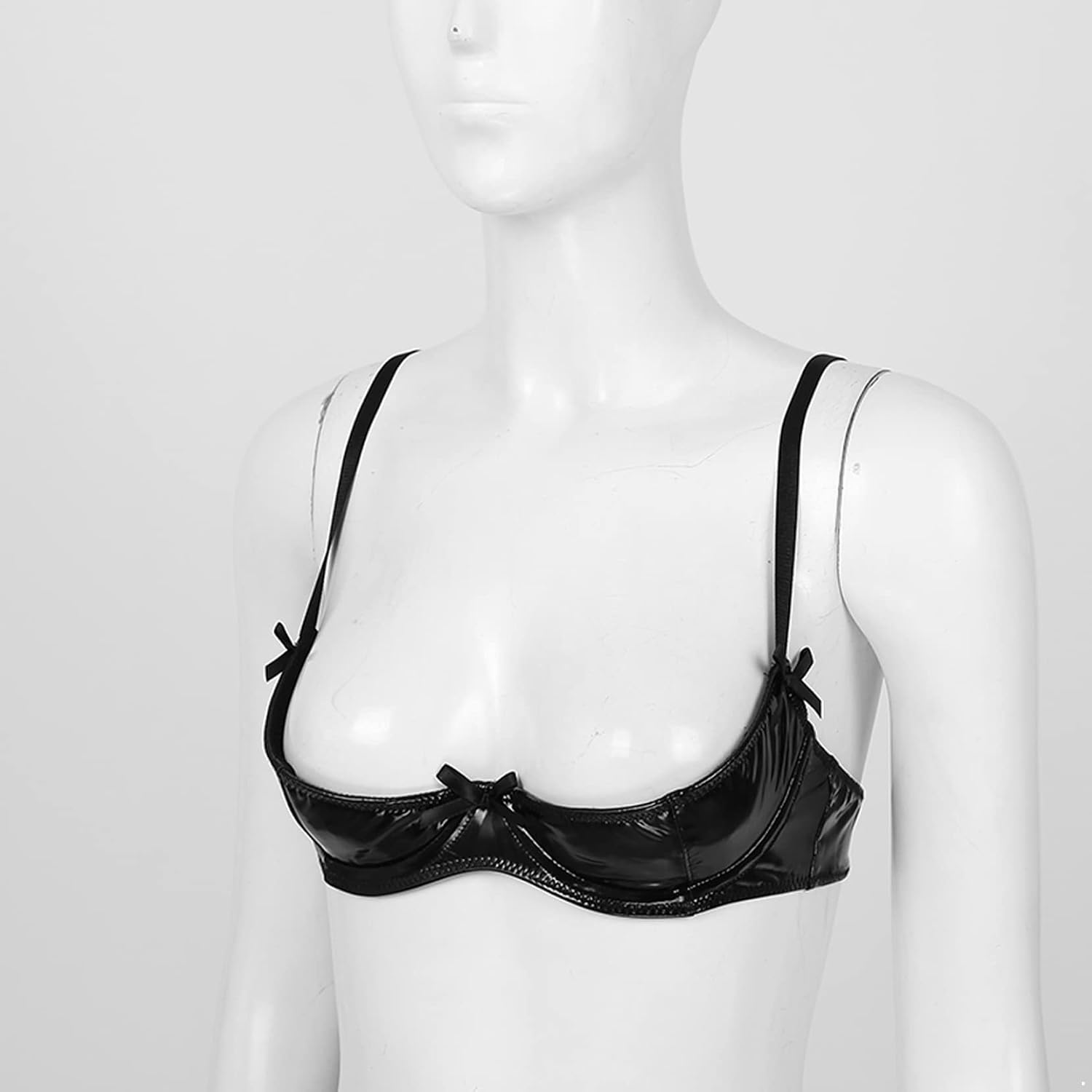 Women's Shiny Metallic PVC Leather Sexy Lingerie Set 1/4 Cup Unlined Shelf Bra Tops