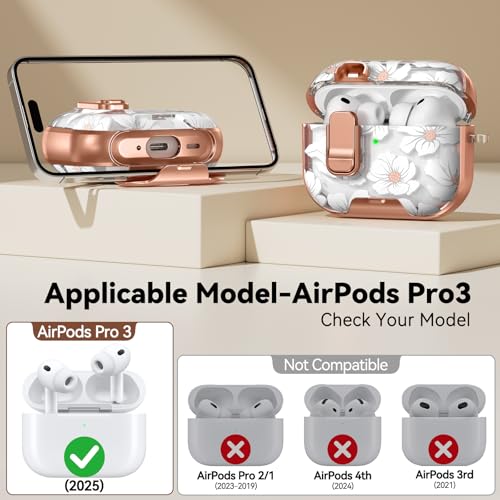 Image of for AirPod Pro 3 Case 2025, with Safty Lock & Phone Stand for Floral AirPod Pro 3 Generation Case Cover for Women Girly, iPod Pro 3 Cases with Keychain & Cleaner Kit -White Lily