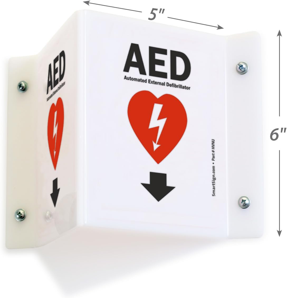 SmartSign (2-Pack) AED Projecting Sign with Down Arrow - 5" x 6", Two-Sided Wall Mount Polished Acrylic Corridor V-Sign, Red, White and Black
