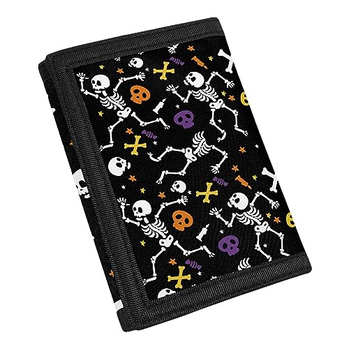 Coldinair Halloween Skeleton Print RFID Trifold Canvas Wallet Credit Card Holder for Outdoor for Women Kids Boys Girls Teens Skull Candy and Stars -Black