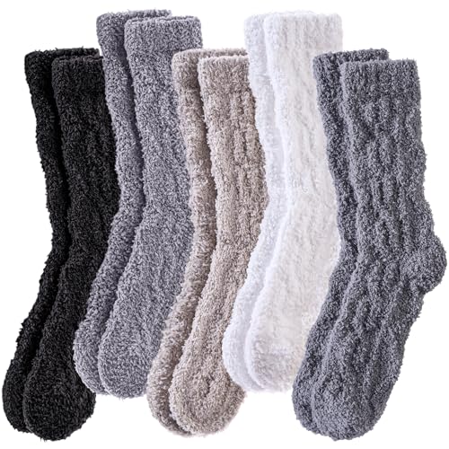 Yebing Fuzzy Socks for Women Fluffy Slipper Winter Warm Cozy Soft Microfiber Plush Sleep Socks 5 Pairs Solid Color A