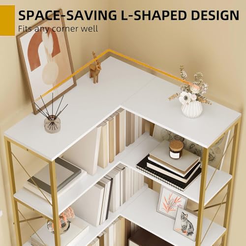 DWVO Corner Bookshelf, 5-Tier L-Shaped Bookshelf Storage Organizer, Tall Corner Bookcase Open Display Freestanding Storage Rack for Living Room, Home Office, Gold