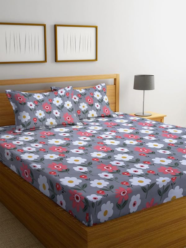 Cotton 210tc Flat Double Bed Bedsheets for Summer Breathable | Wrinklefree | Longlasting (Size- 225 x 228 Cm) with 2 Pillow Covers (Size-17 X 27 Inches, Floral, Pink & Yellow)