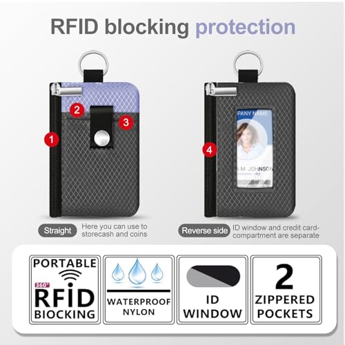 Image of Minimalist RFID Blocking Small Wallet with ID Window,WaterResistant Zip Id Case Wallet with Lanyard Keychain for Cards,Cash,Travel,Women,Men (DarkGrey /Lavender Purple)
