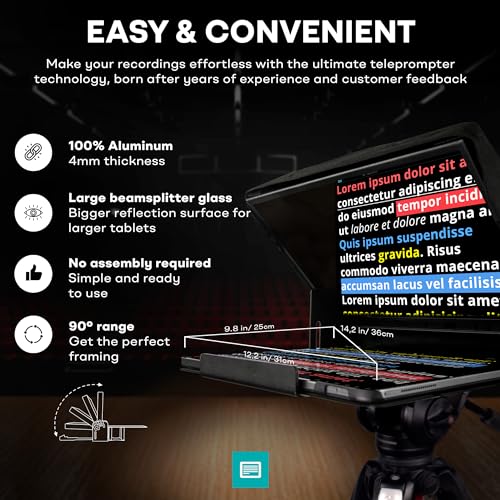Image of iLight PRO 14 inch iPad 12.9 Tablet Prompter for Apple Android Windows Mac - Kit with Remote Control Hardcase APP, Large Screen Professional Autocue Multicam Beamsplitter Glass Made in EU