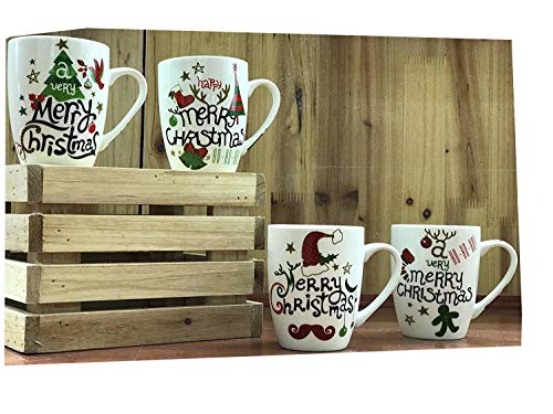 All For You X978 Christmas New Bone China Mug with Christmas Gift Prints,Christmas Tree, Merry Christmas -Set of 4, 12 Oz, Gift Box (4 Piece Assorted Color)