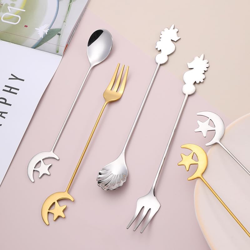 Silverware Flatware Set, 1/4/6/8/10pcs Creative Fruit Spoon 304 Stainless Steel Spoon Seahorse Shell Stirring Coffee Spoon(Gold,10Pcs)